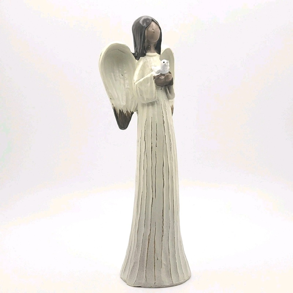 Angel Figurine Holding Dove Neutral Cream Brown Resin Farmhouse Rustic Spiritual